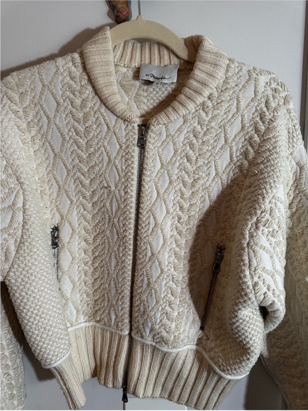 3.1 Phillip Lim Cream Cable Knit Full Zip Cardigan Zip Pockets Size M - Picture 2 of 6